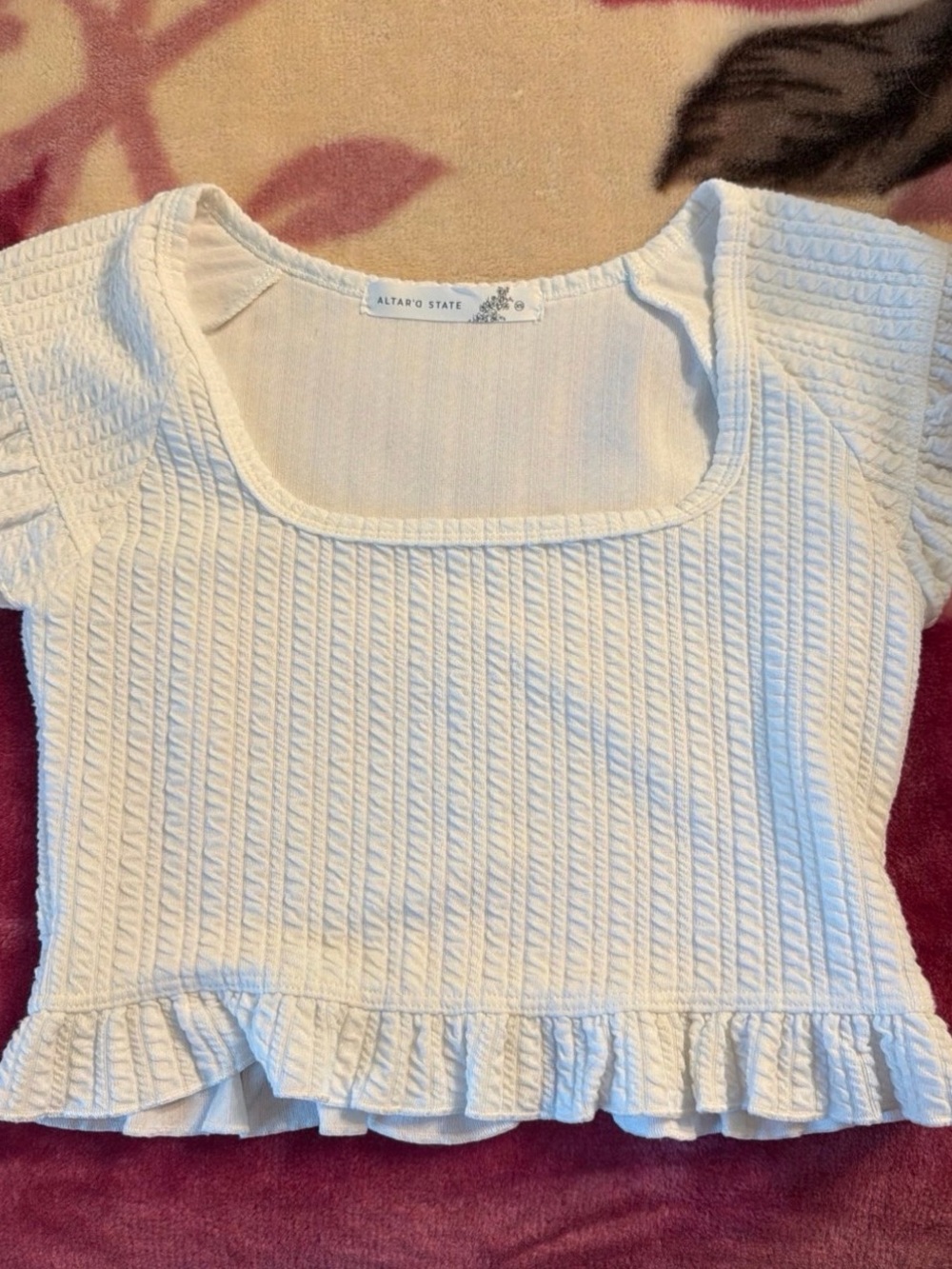 Altar'd State White Ribbed Square-Neck Crop Top with Ruffle Hem